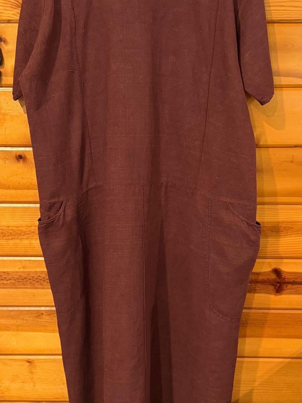 Vintage FLAX Jeanne Engelhart 100% linen maxi dress with deep pockets.Plum color